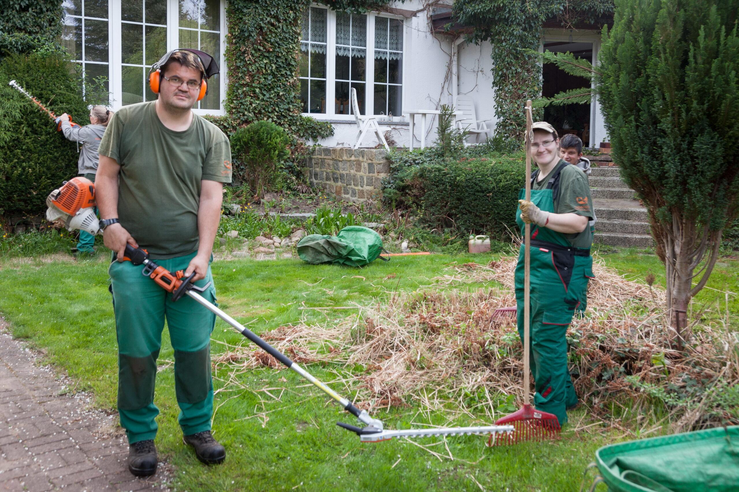 Gärtnerische Arbeiten auf einem Privatgrundstück.verschiedene Akku-Gartenscheren.