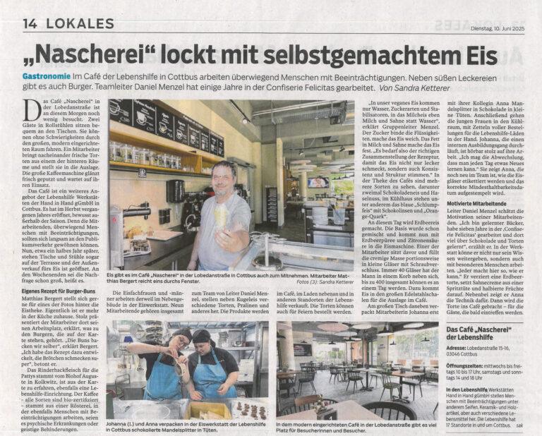 Zeitungsartikel vom 10. Juni 2025 - "Nascherei" lockt mit selbstgemachtem Eis