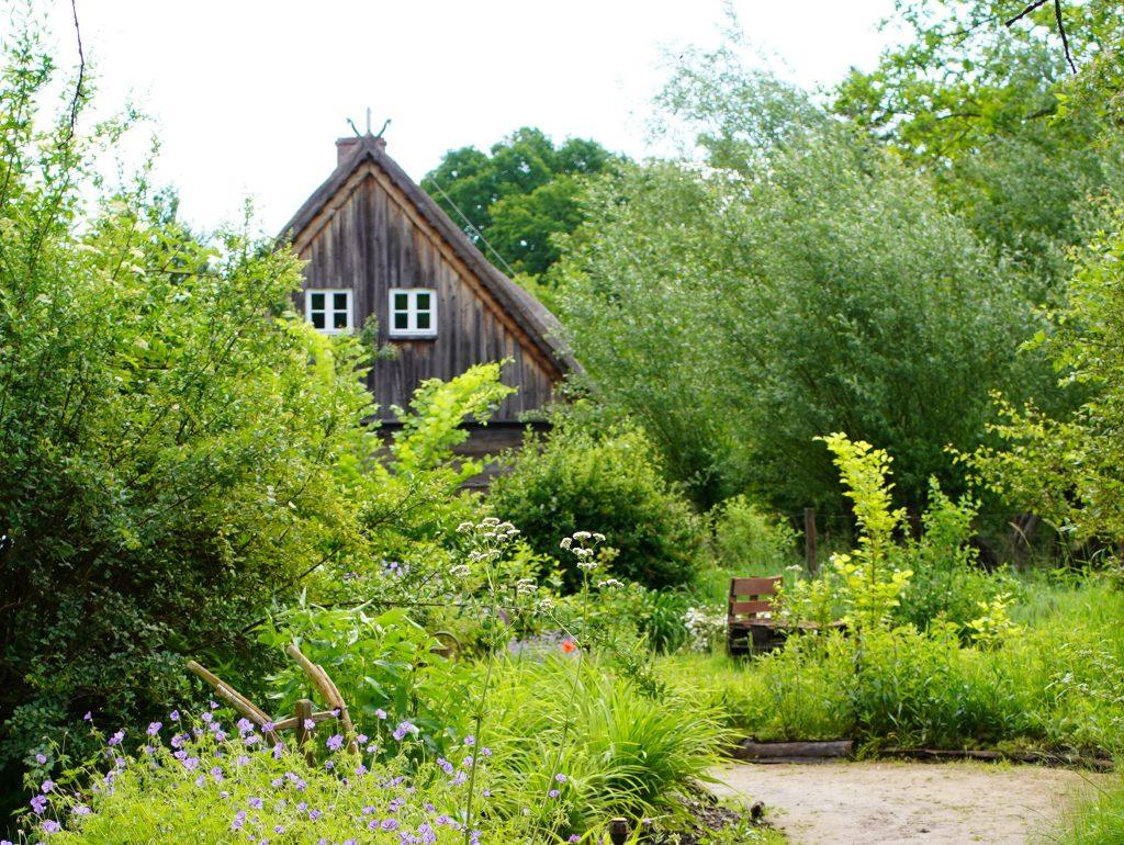 Blick aus dem Garten der Spreewald Kräuterey Burg Richtung Doppelstubenhaus.