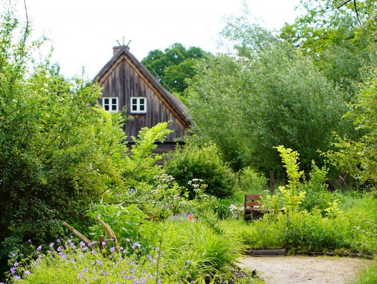 Blick aus dem Garten der Spreewald Kräuterey Burg Richtung Doppelstubenhaus.
